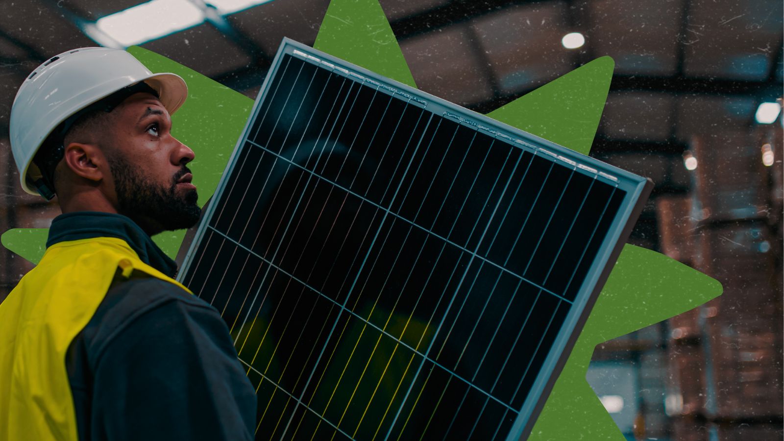 Worker holding a solar panel with GreenLatinos green sun in the back with texture.